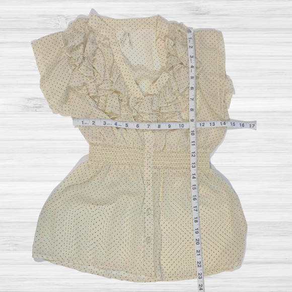 Lapis SMALL Blouse Sheer Ruffled Cream w/ Black Polkadot Button Up Shirt Top - Picture 4 of 6